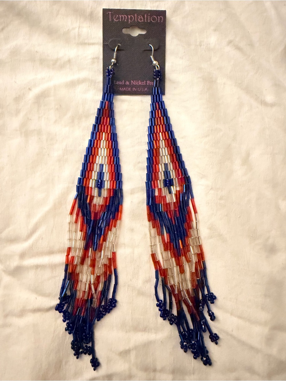 Temptations Red, Navy Blue & White Beaded Fringe Earrings